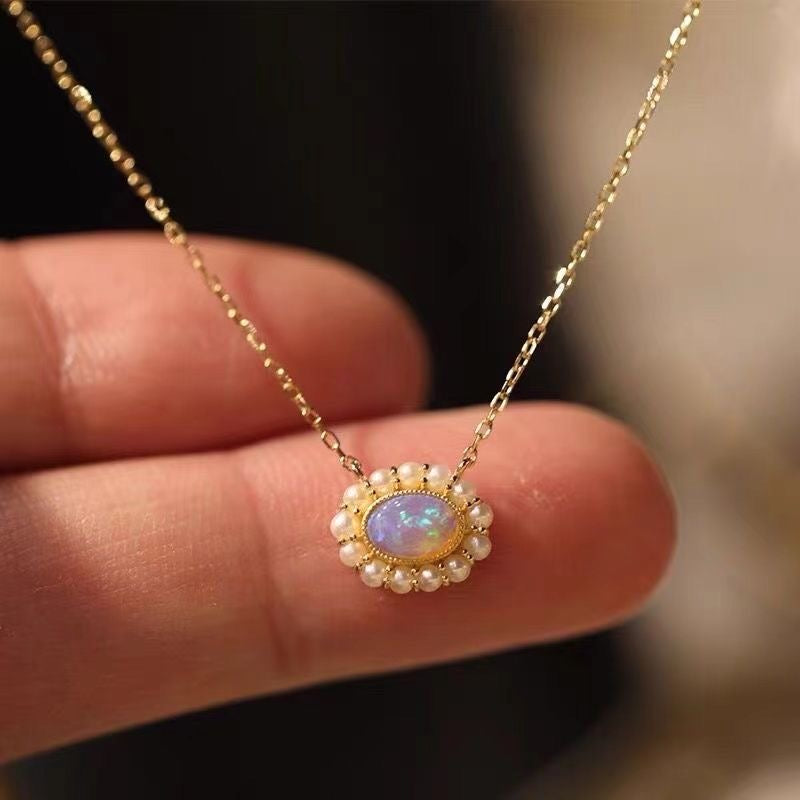 Opal Necklace Pendant Pearl Surrounded with Rose Gold Chain 45cm