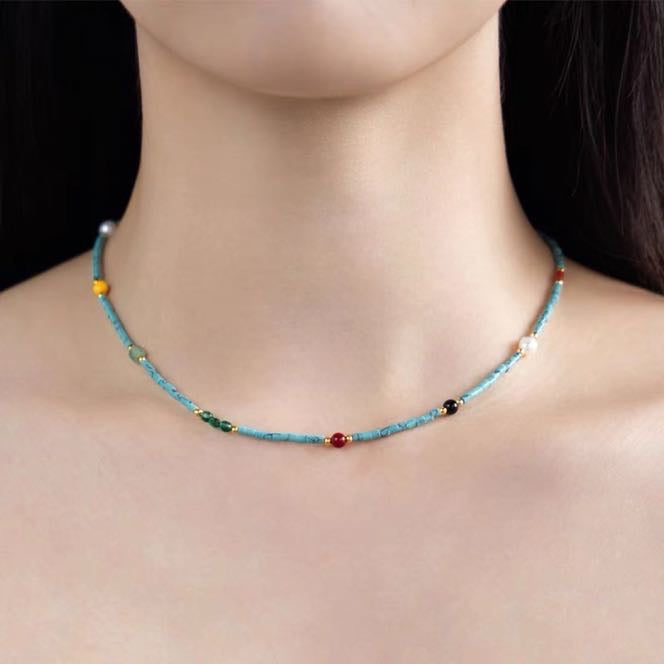 Turquoise Necklace Pearl and Natural Stone Necklace Luxury Blue Turquoise Chain 18 inch