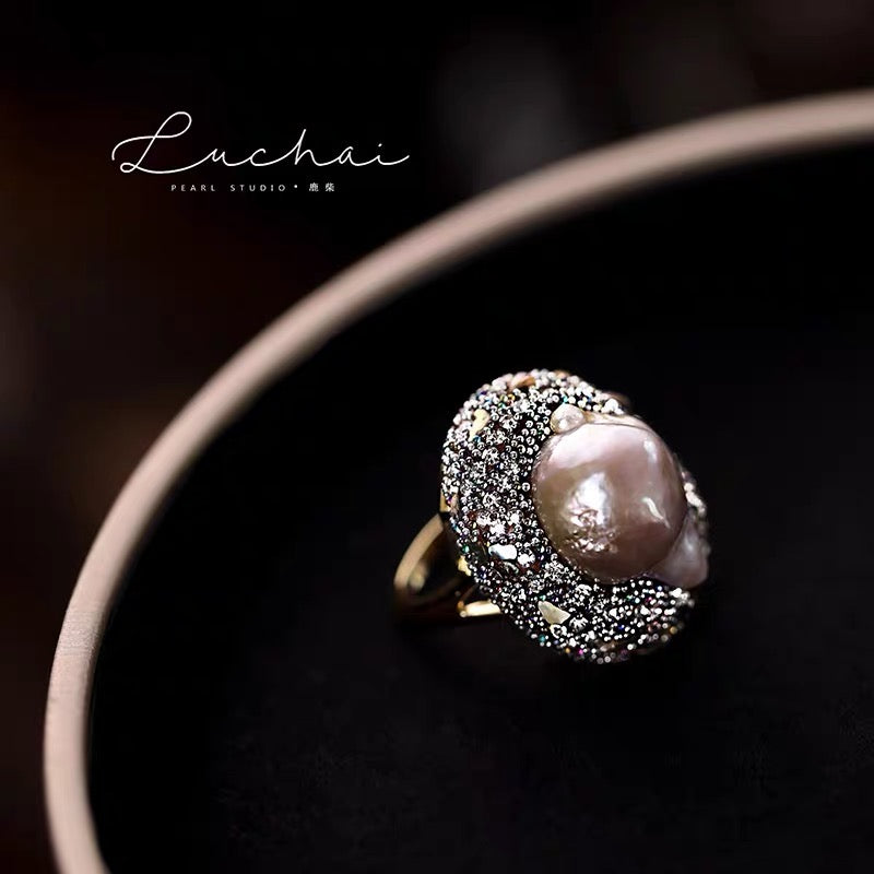 AAAA Natural Baroque Pearl Ring Size Adjustable Glitter Royal Style Ring 12mm Big Real Pearl Ring