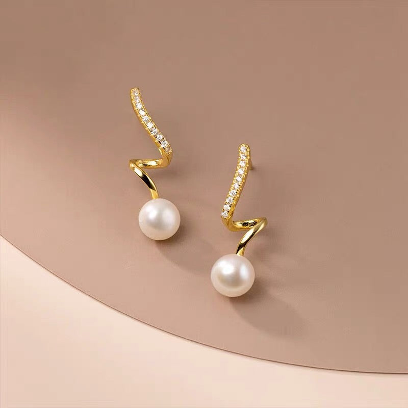 Twisted Pearl Drop Earrings Gold and Silver Crystal Clasp Pearl Earrings with Silver Pin