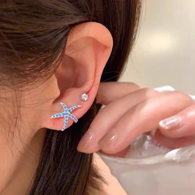 Blue Starfish Earring Studs Shiny Petite Crystal Studs with s925 Silver Pin