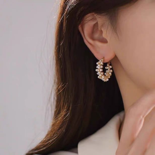 Pendientes de aro de perlas retorcidas | Pendientes de aro de perlas con alfileres de plata de ley para mujer