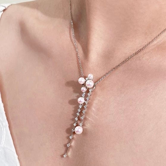Freshwater Pearl Pendant Necklace Big Crystal Glossy Pearl Pendant Silver Chain 45cm