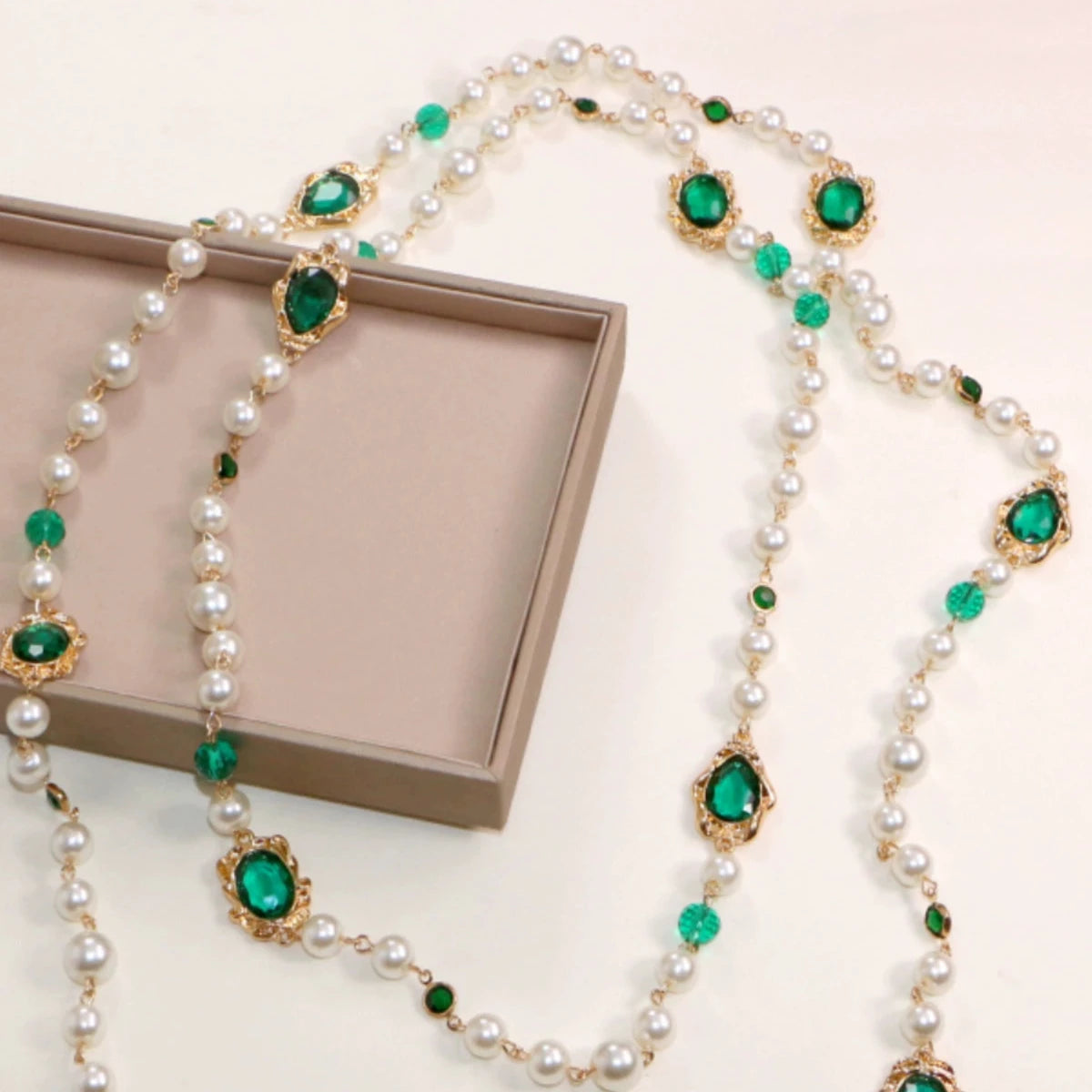 Green Crystal and Shell Pearl Long Necklace Glass and Pearl Dress Chain Sweater Chain