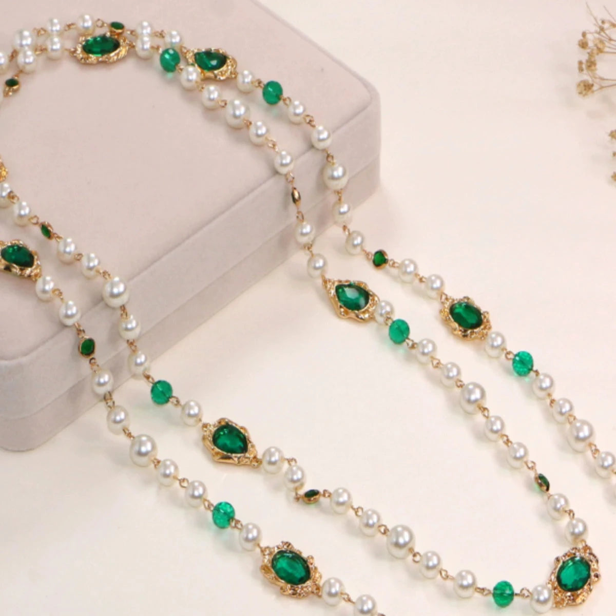 Green Crystal and Shell Pearl Long Necklace Glass and Pearl Dress Chain Sweater Chain