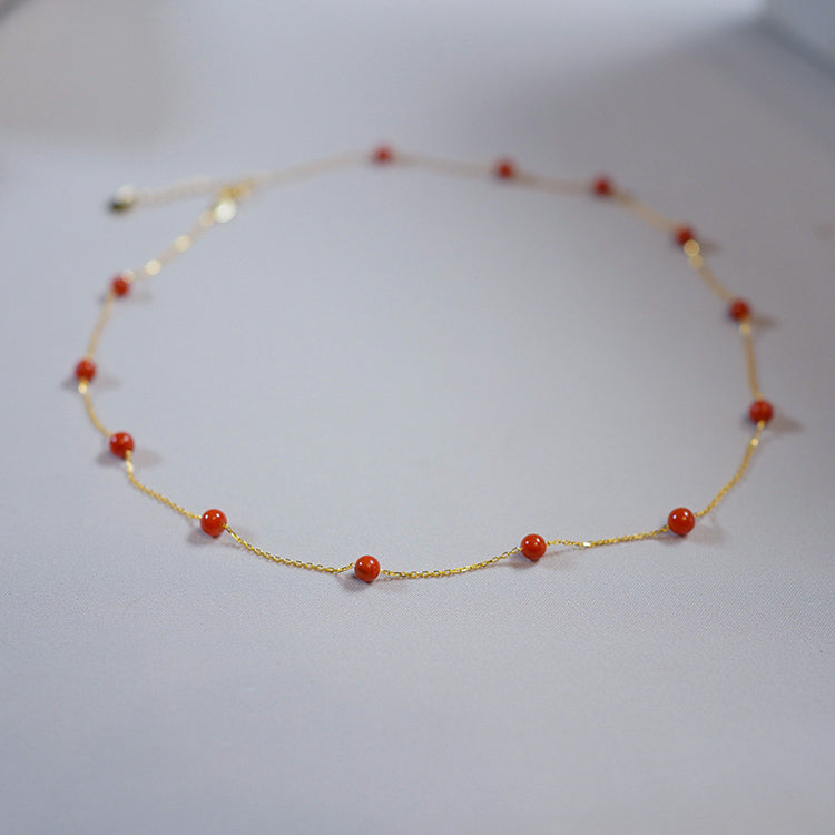 Red Stone Necklace Gold Chain Red Bead Agate stone Necklace