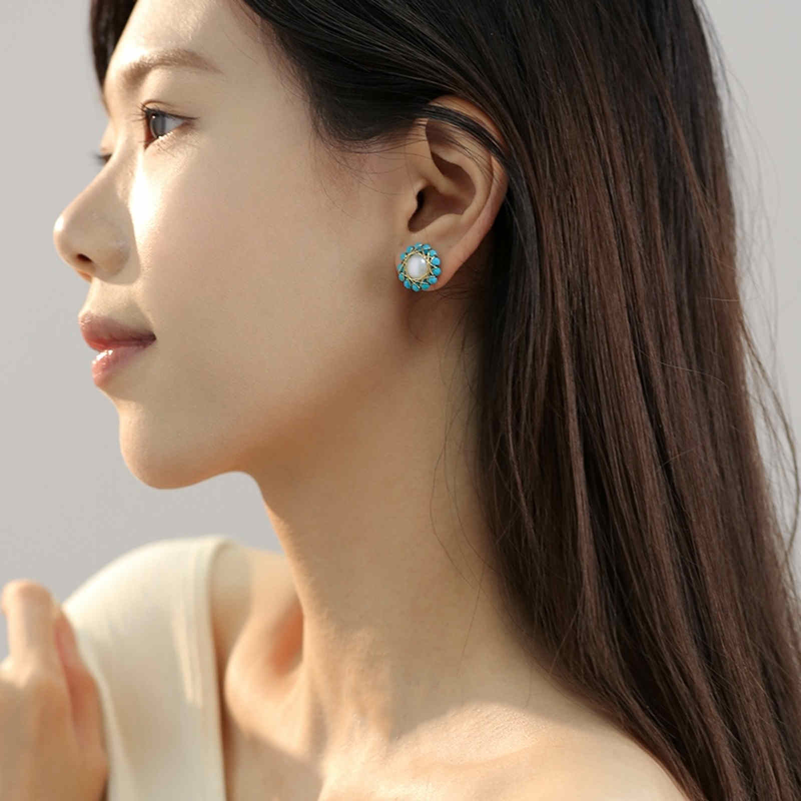 AAA Freshwater Pearl Earrings | Sunflower Design Real Pearl Stud Earrings with Stones (8-9mm)