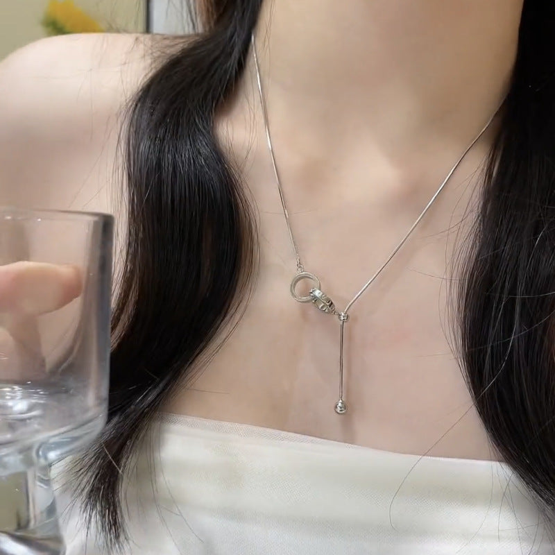 Silver Double Hoop Pendant Necklace Adjustable Chain Silver Plated Necklace