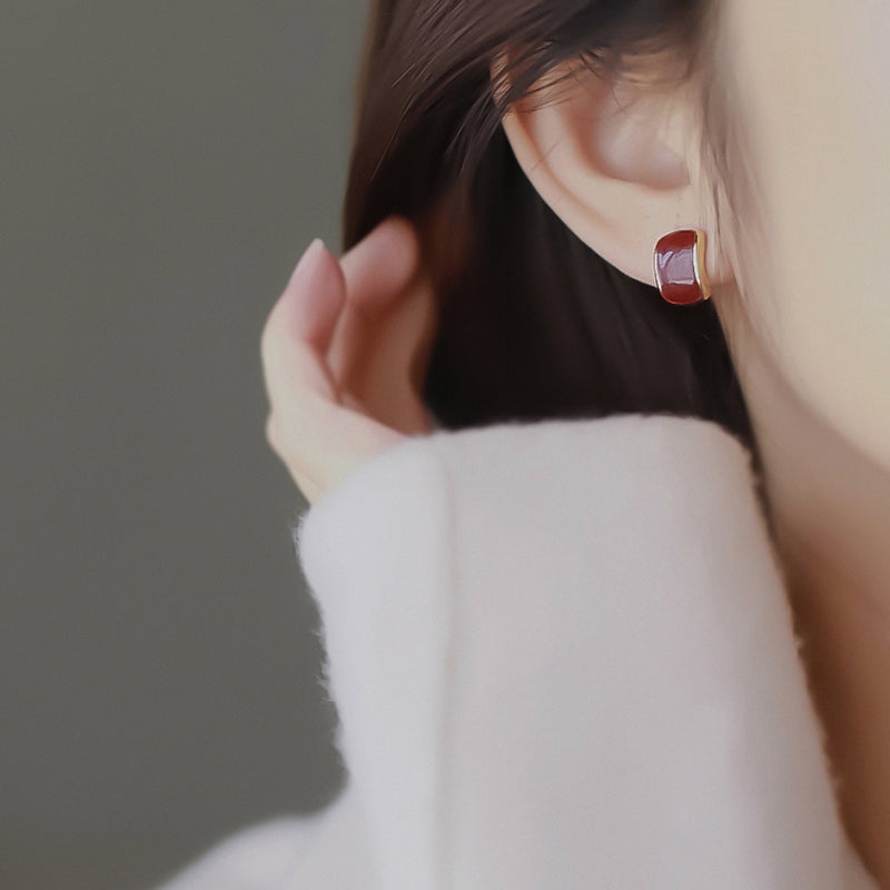 Maple Red Hoop Earrings Small Gold Plated Earring Clip & S925 Silver Pin