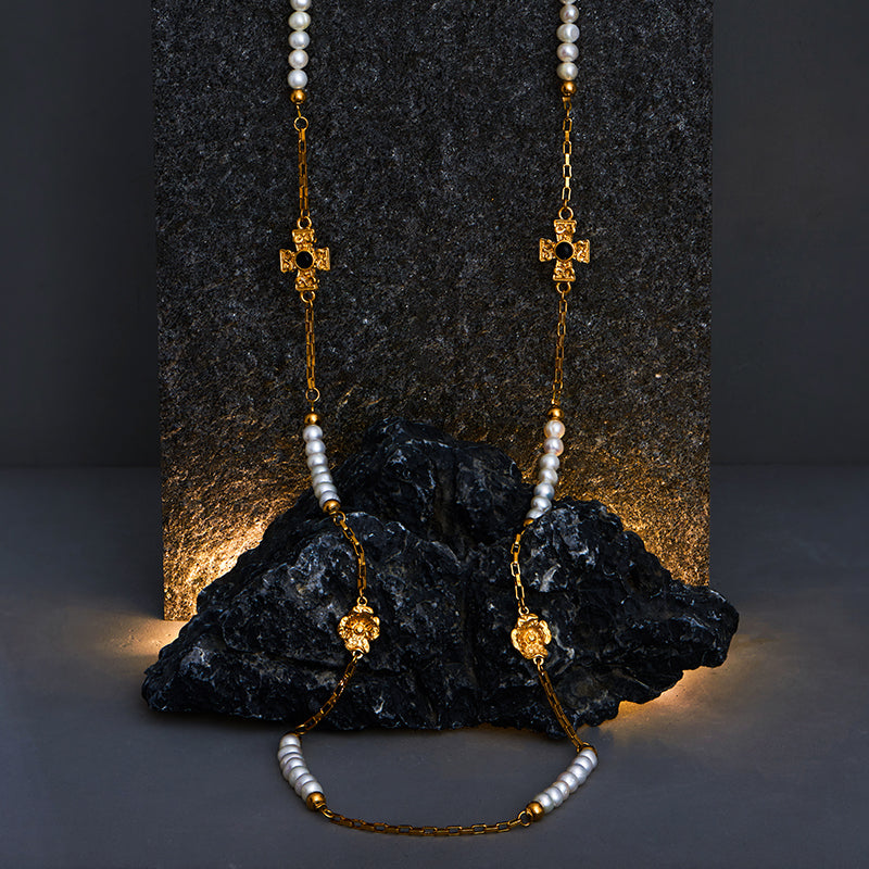 Long Sweater Chain Real Pearl with Gold Cross Designed Necklace 18K Gold Plated