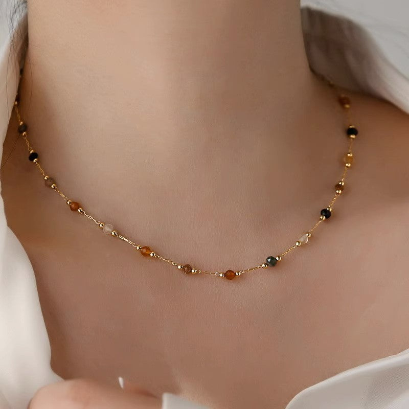 Natural Stone Gold Chain Chic Necklace Colorful Stone With 14K Gold Plated Clasp
