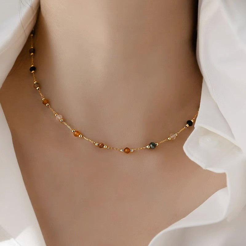 Natural Stone Gold Chain Chic Necklace Colorful Stone With 14K Gold Plated Clasp