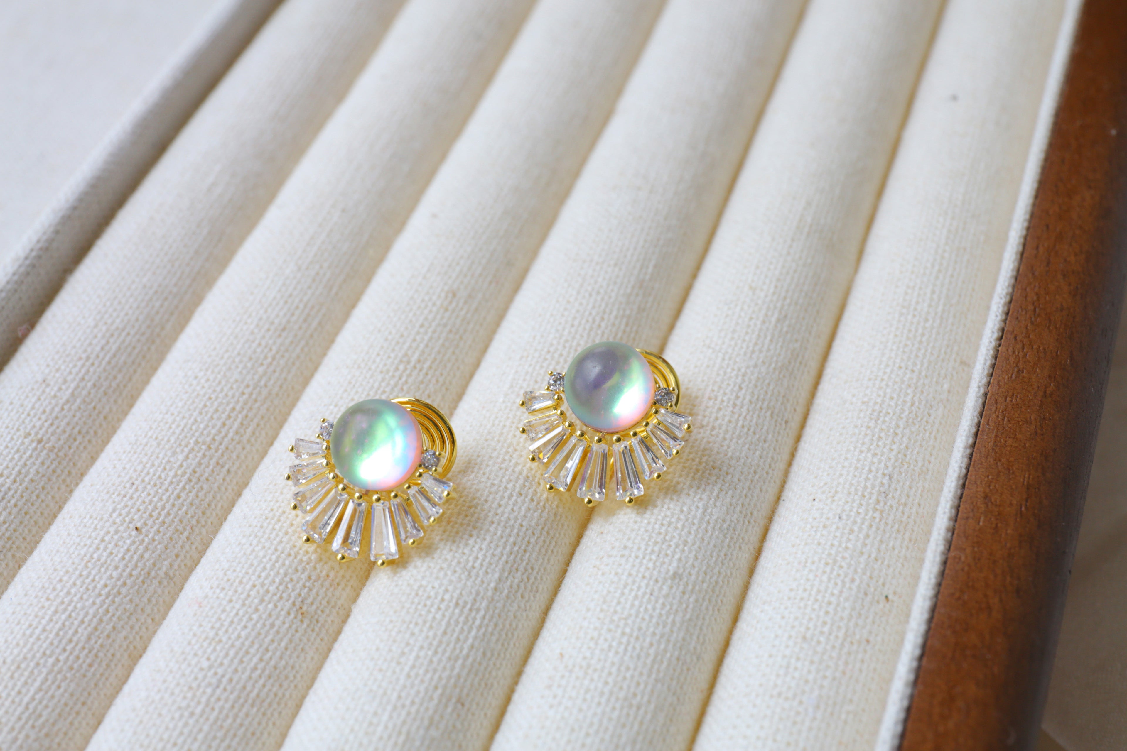 Blue-Green Moonstone Earring Clip with S925 Silver Pin Opal and Crystal Fan Shape Earring Studs