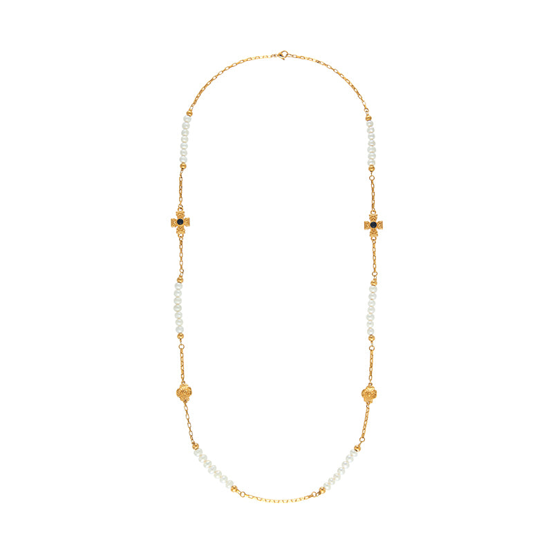 Long Sweater Chain Real Pearl with Gold Cross Designed Necklace 18K Gold Plated