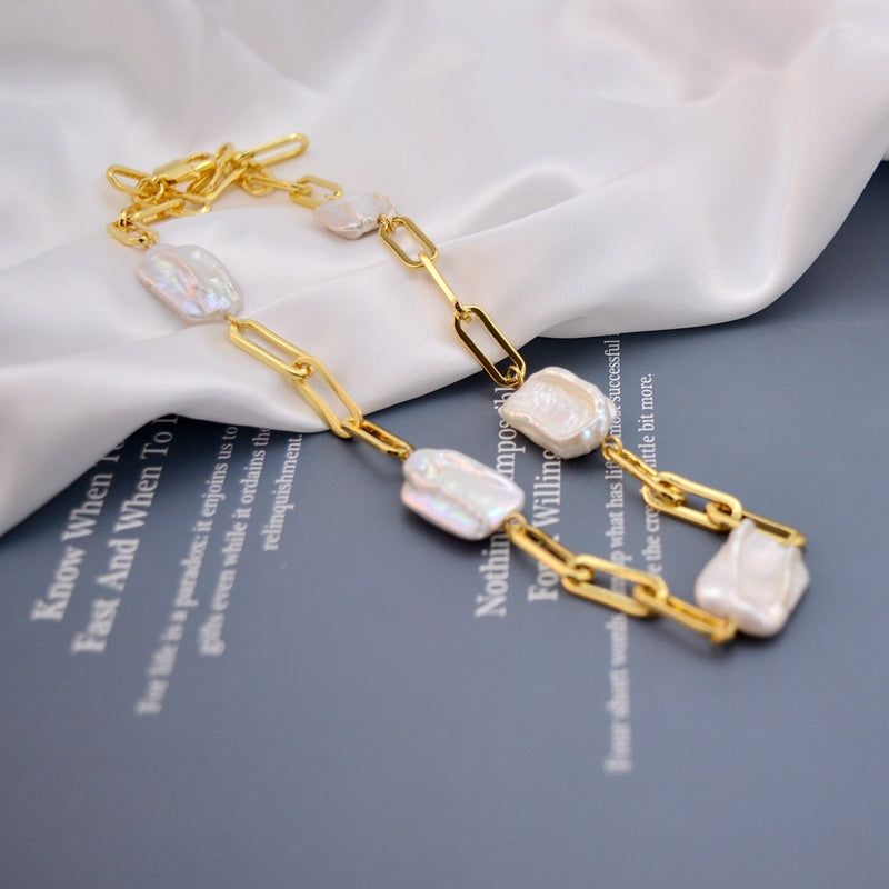 AAA Real Baroque Pearl Necklace 18K Gold Plated Link Chain 48cm Length