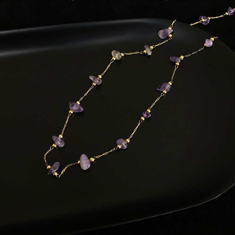 Natural Crystal Necklace Purple Crystal 14K Gold Chain Necklace Chocker
