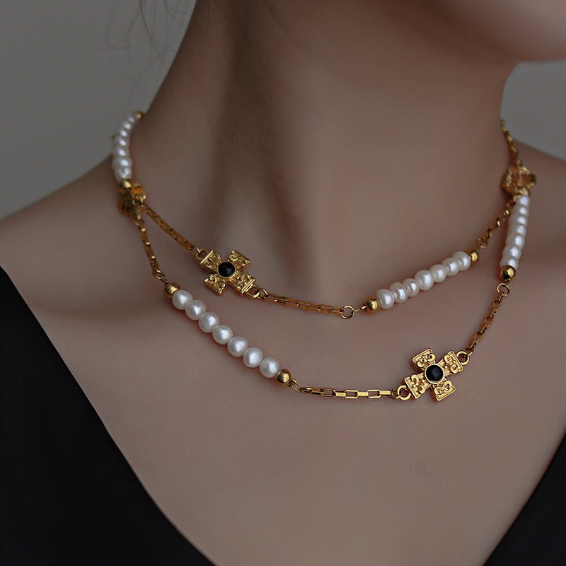 Long Sweater Chain Real Pearl with Gold Cross Designed Necklace 18K Gold Plated