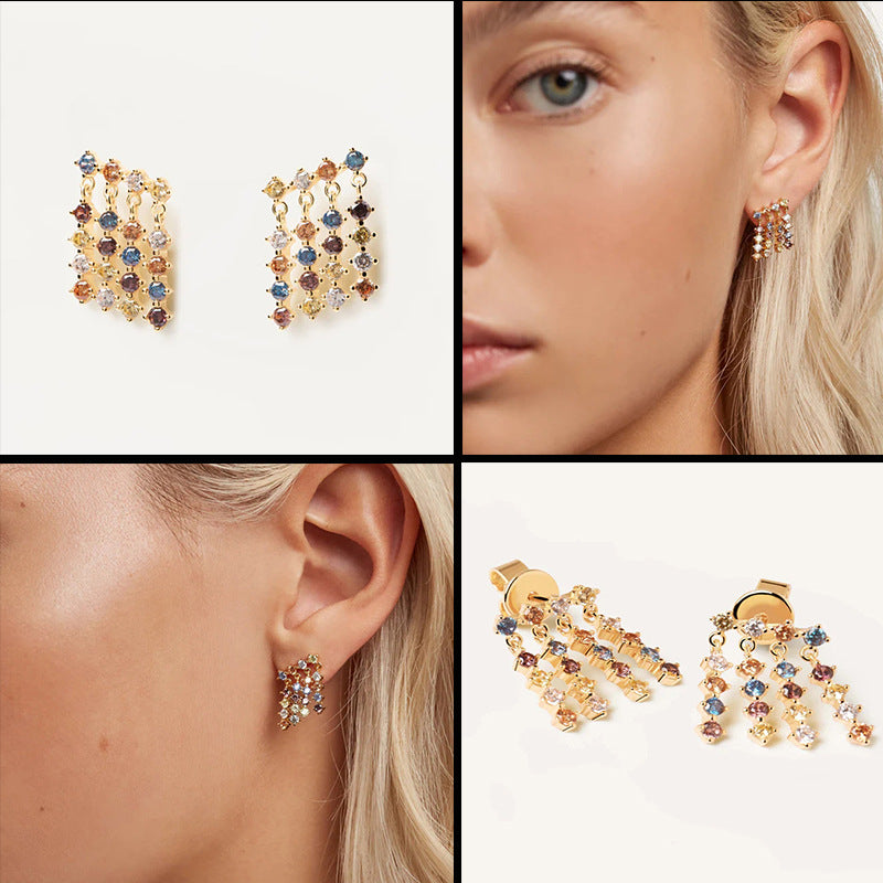 Colorful Zircon Tassel Earrings Minimalism Crystal Earring studs with S925 Silver Pin