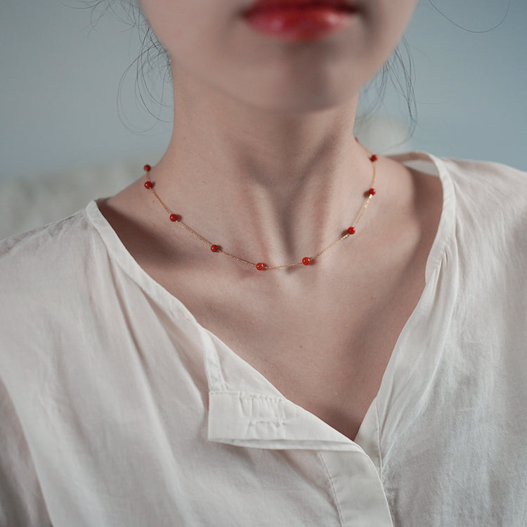 Red Stone Necklace Gold Chain Red Bead Agate stone Necklace