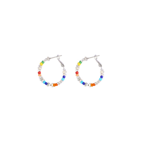 Sweet Silver Hoop Earrings Metal Beads and Colorful Stones Ear Hoop S925 Silver Pin