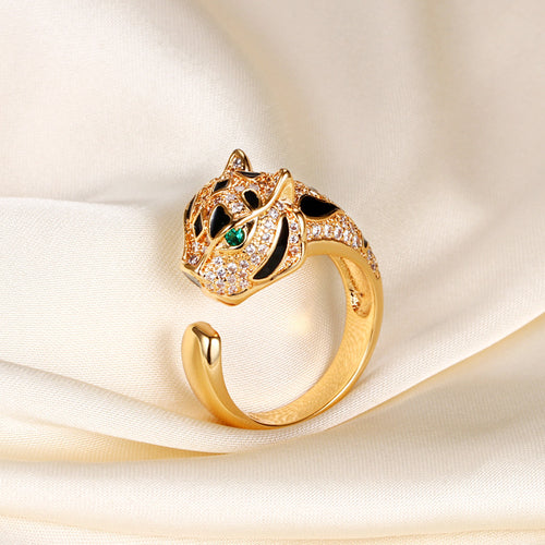 Sculpted Panther Ring Gold Diamond Leopard Ring Adjustable Size 18k Gold Plated