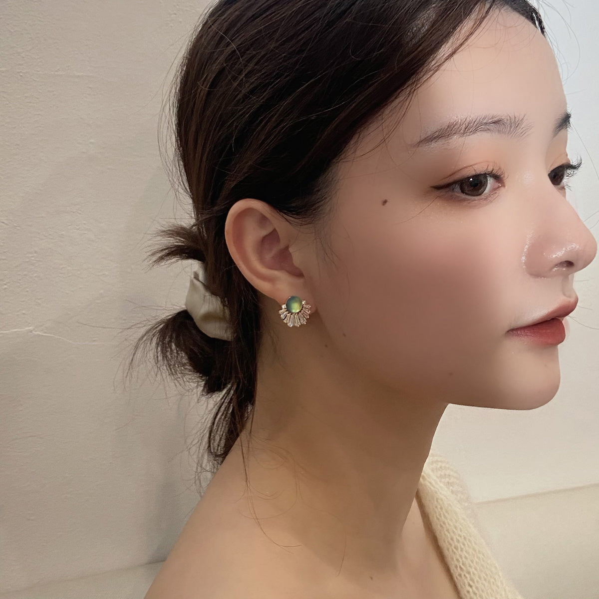 Blue-Green Moonstone Earring Clip with S925 Silver Pin Opal and Crystal Fan Shape Earring Studs