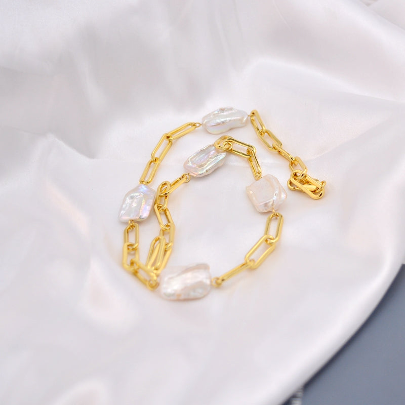 AAA Real Baroque Pearl Necklace 18K Gold Plated Link Chain 48cm Length