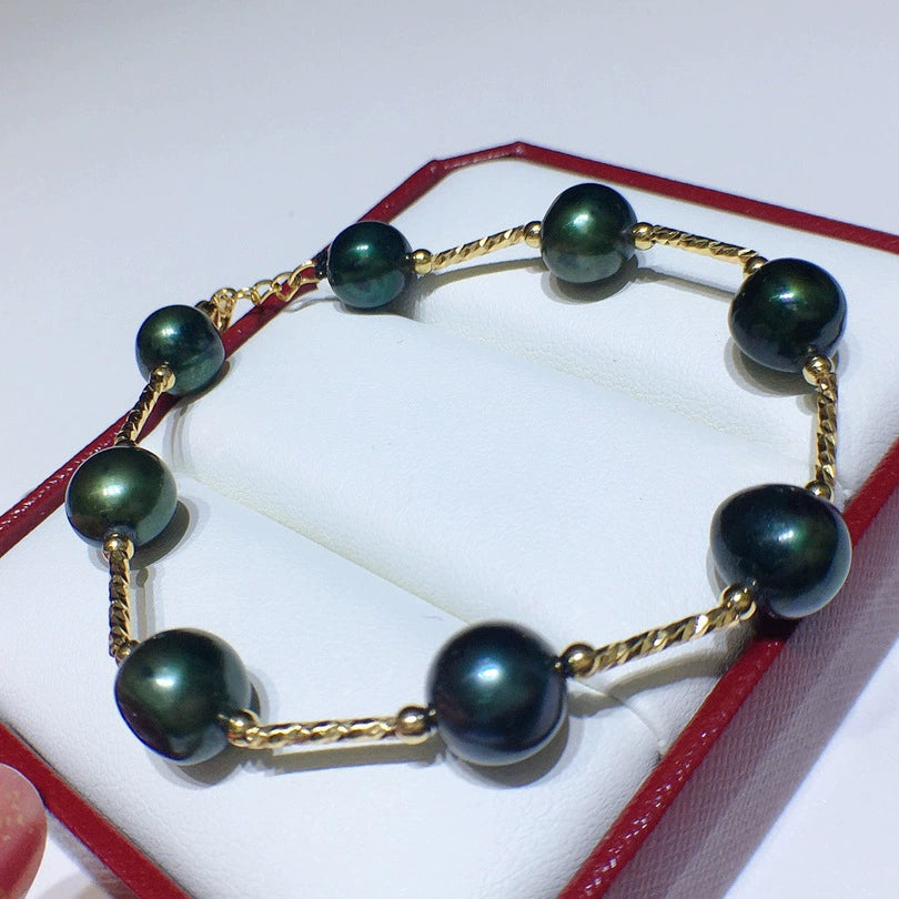 9-10MM Real Baroque Pearl Bracelet Black Green Pearl Bracelet 14K Gold Plated Clasp