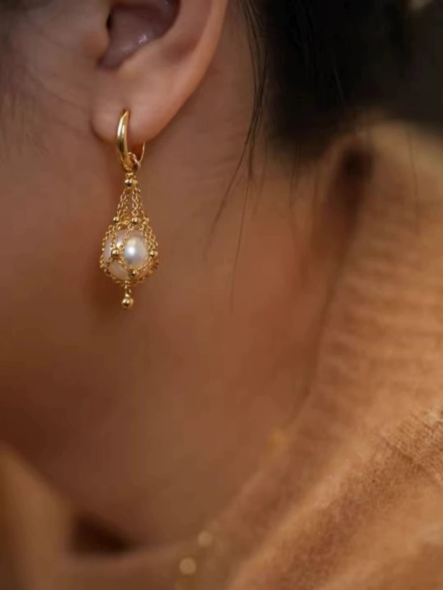12MM Pearl Drop Earrings Gold Luxury White Pearl Dangle Earrings S925 Silver Pin