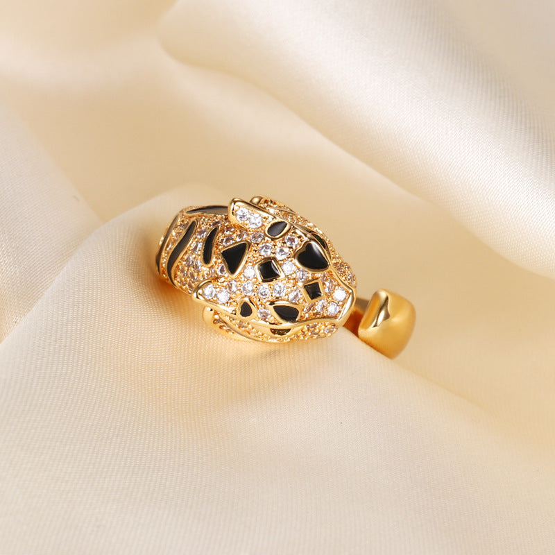 Sculpted Panther Ring 18K Gold Diamond Leopard Ring Adjustable Size