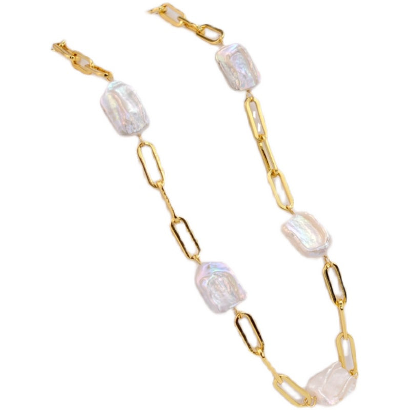 AAA Real Baroque Pearl Necklace 18K Gold Plated Link Chain 48cm Length