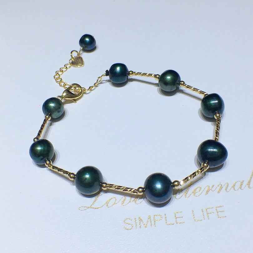 9-10MM Real Baroque Pearl Bracelet Black Green Pearl Bracelet 14K Gold Plated Clasp