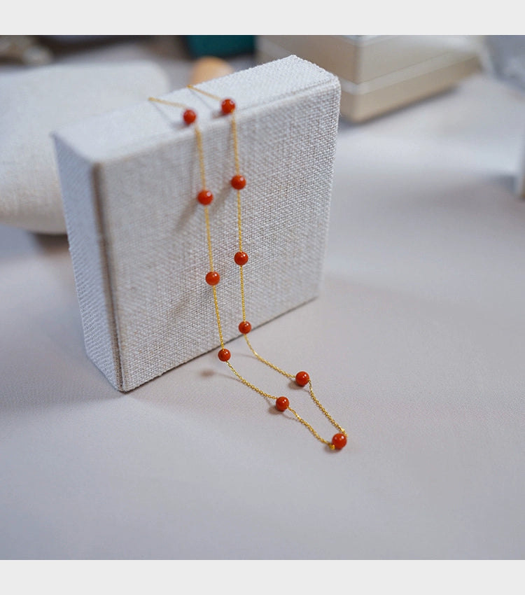 Red Stone Necklace Gold Chain Red Bead Agate stone Necklace