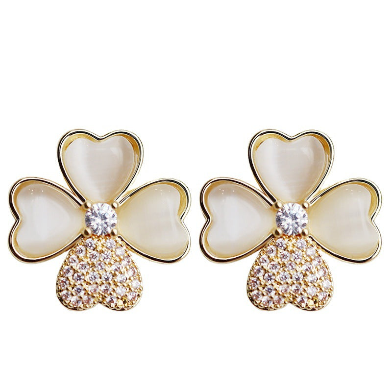 White Four Leaf Clover Earrings Stud Crystal Four Leaf Clover Earrings with S925 Silver Pins