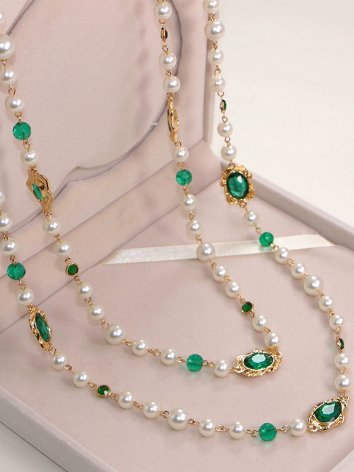 Green Crystal and Shell Pearl Long Necklace Glass and Pearl Dress Chain Sweater Chain