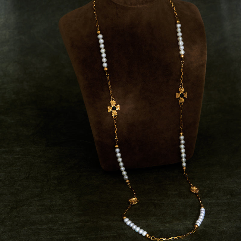 Long Sweater Chain Real Pearl with Gold Cross Designed Necklace 18K Gold Plated