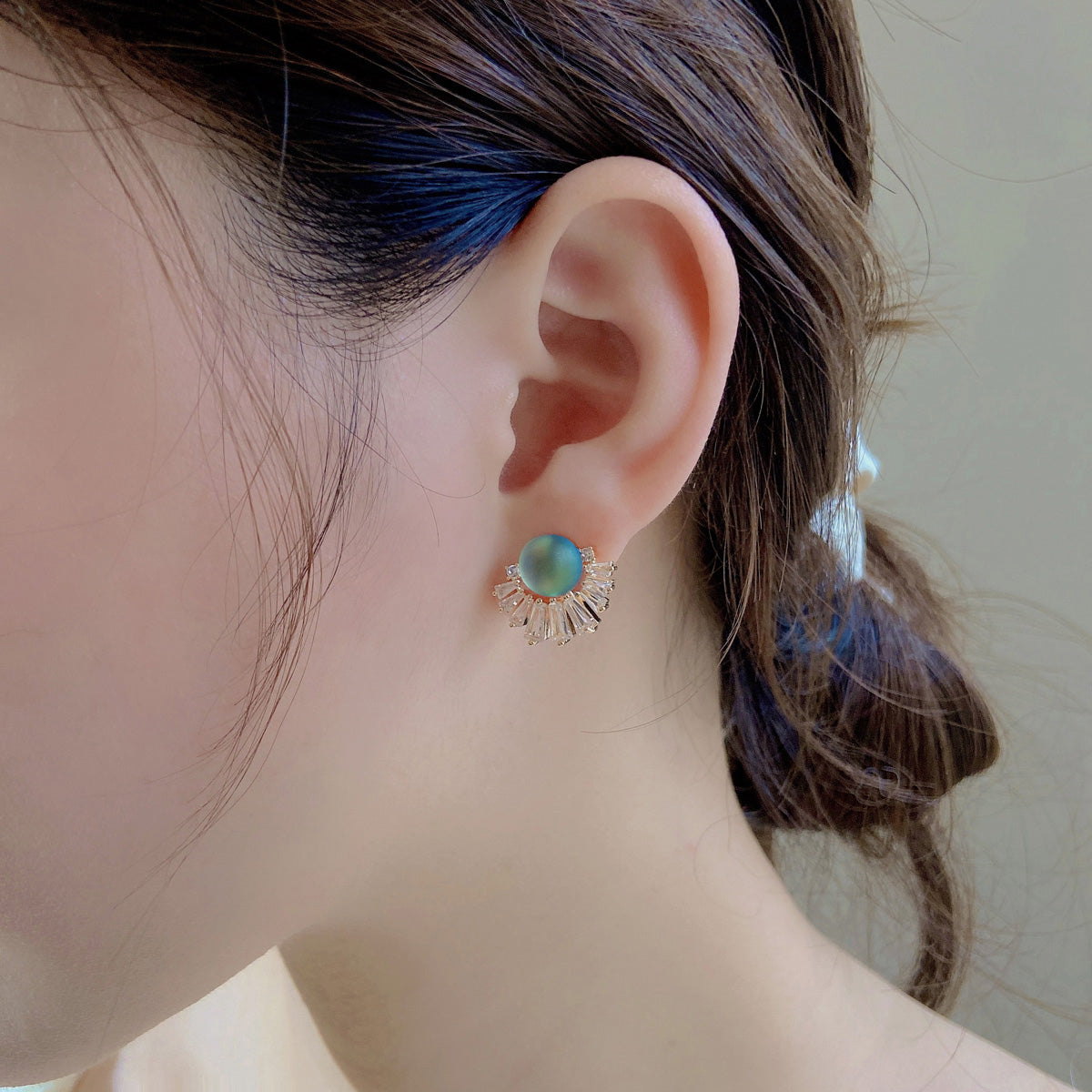 Blue-Green Moonstone Earring Clip with S925 Silver Pin Opal and Crystal Fan Shape Earring Studs