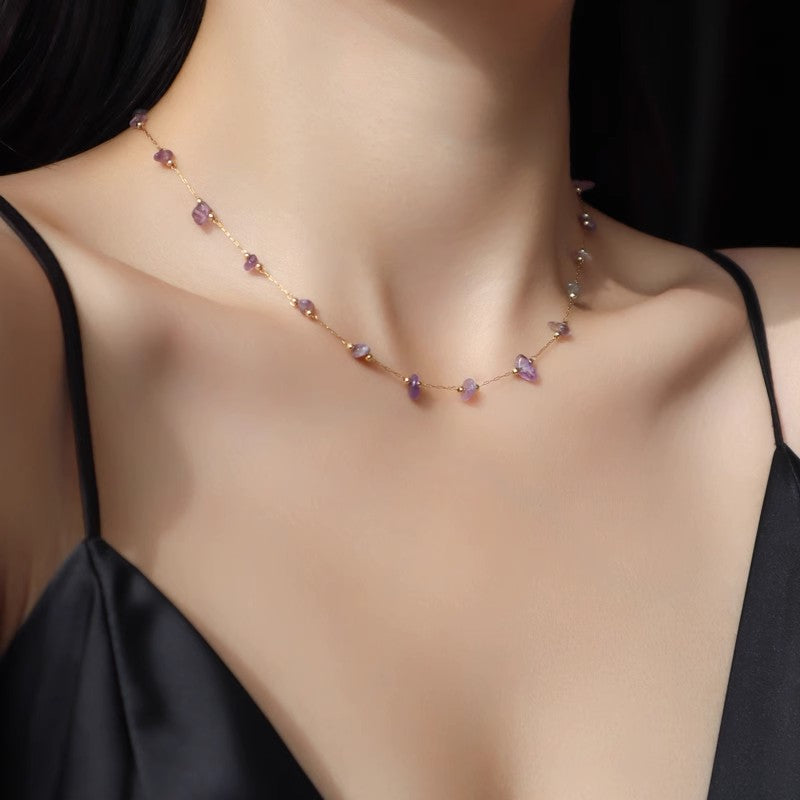 Natural Crystal Necklace Purple Crystal 14K Gold Chain Necklace Chocker