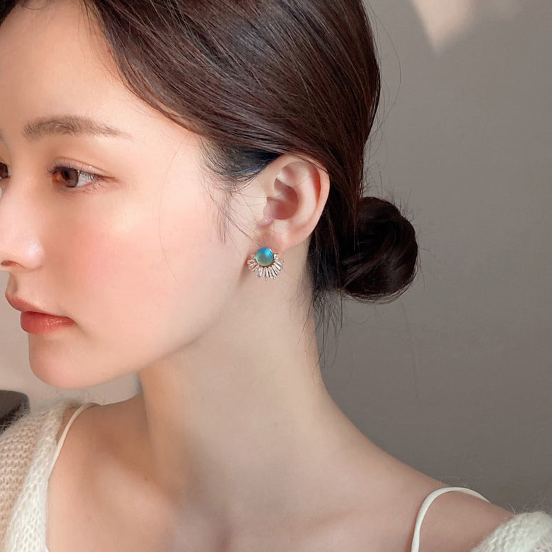 Blue-Green Moonstone Earring Clip with S925 Silver Pin Opal and Crystal Fan Shape Earring Studs