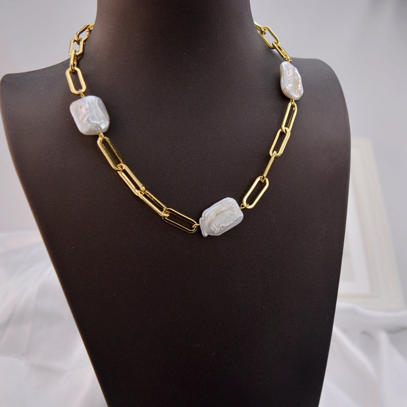AAA Real Baroque Pearl Necklace 18K Gold Plated Link Chain 48cm Length