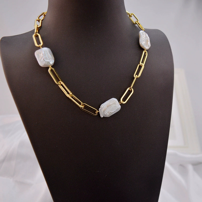 AAA Real Baroque Pearl Necklace 18K Gold Plated Link Chain 48cm Length