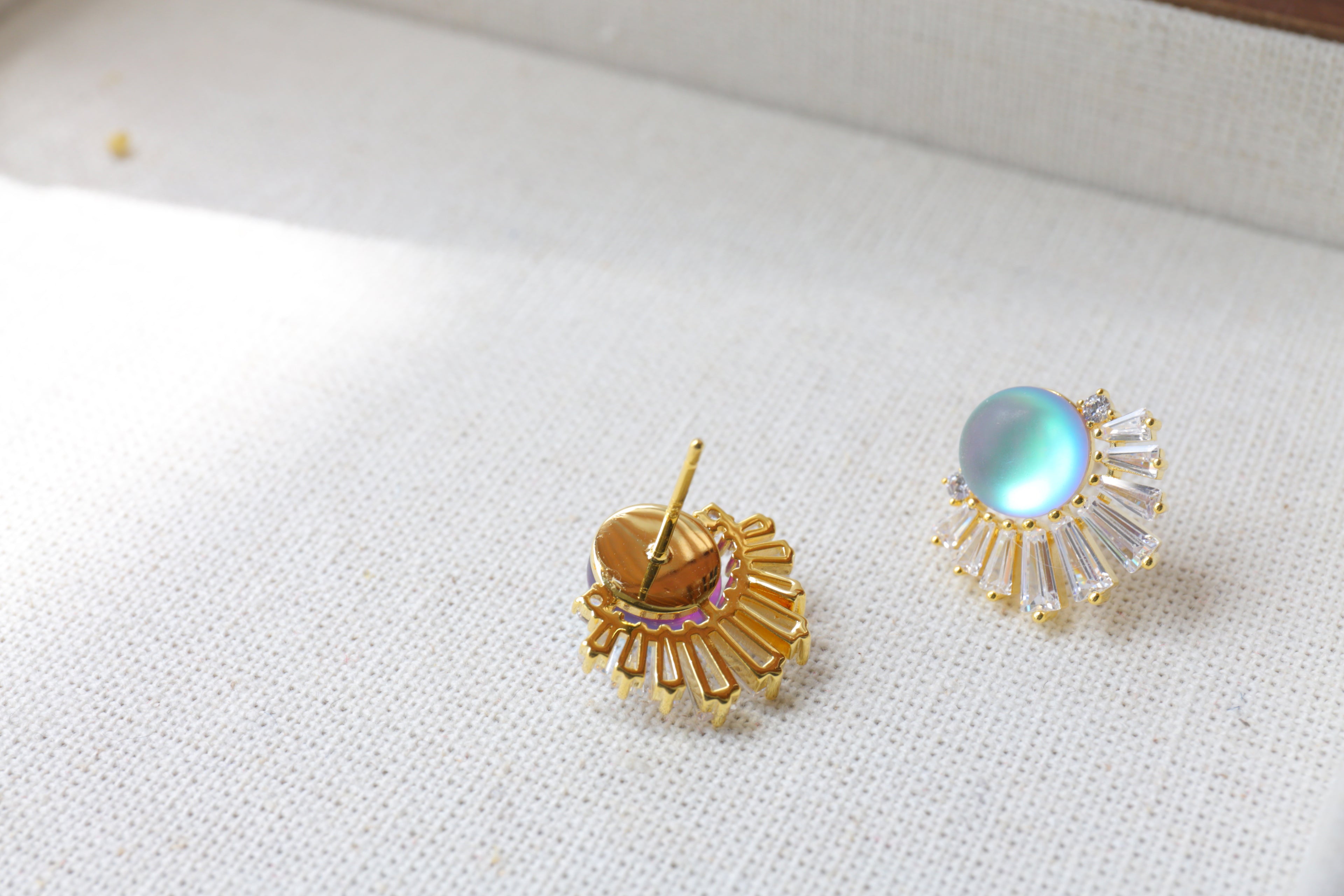 Blue-Green Moonstone Earring Clip with S925 Silver Pin Opal and Crystal Fan Shape Earring Studs