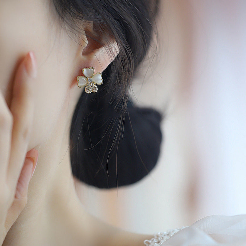 White Four Leaf Clover Earrings Stud Crystal Four Leaf Clover Earrings with S925 Silver Pins