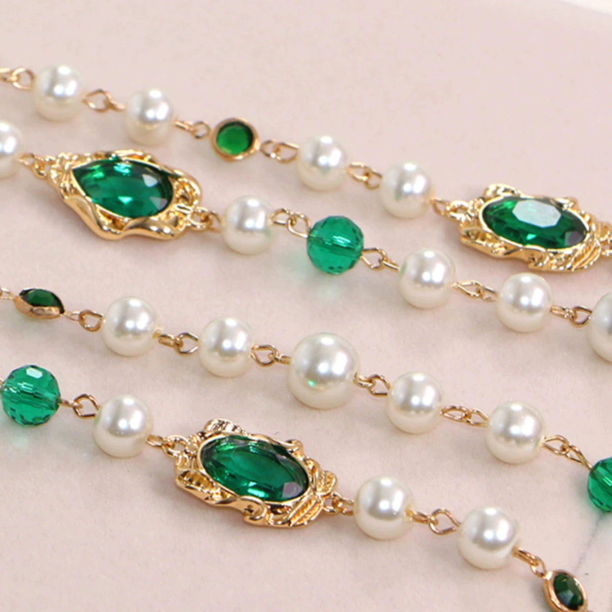 Green Crystal and Shell Pearl Long Necklace Glass and Pearl Dress Chain Sweater Chain