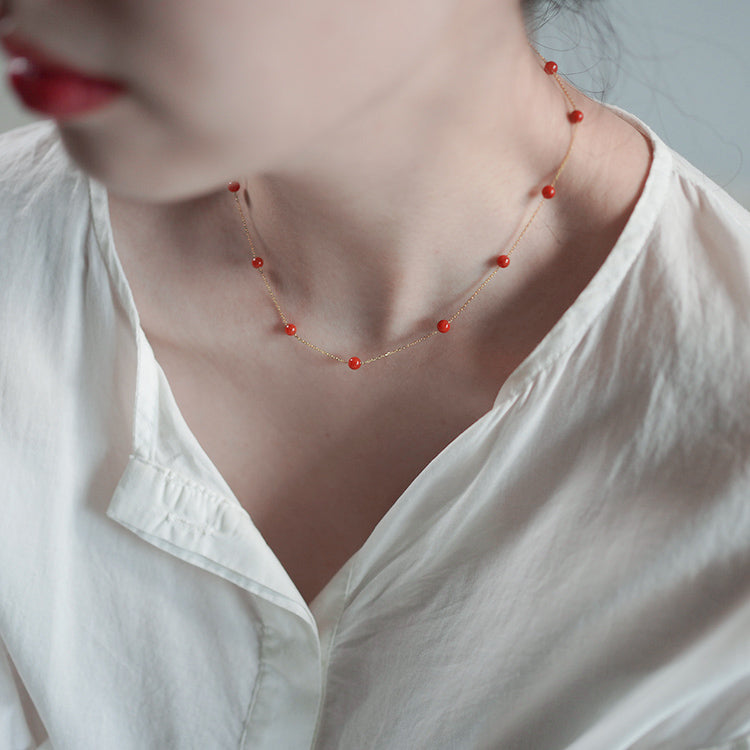 Red Stone Necklace Gold Chain Red Bead Agate stone Necklace