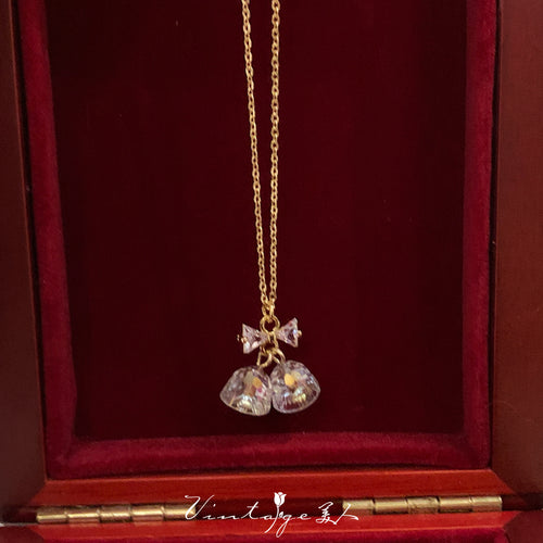 Crystal Bow Bell Necklace Gold Chain Pitite Xmas Necklace Christmas Gift Ideas