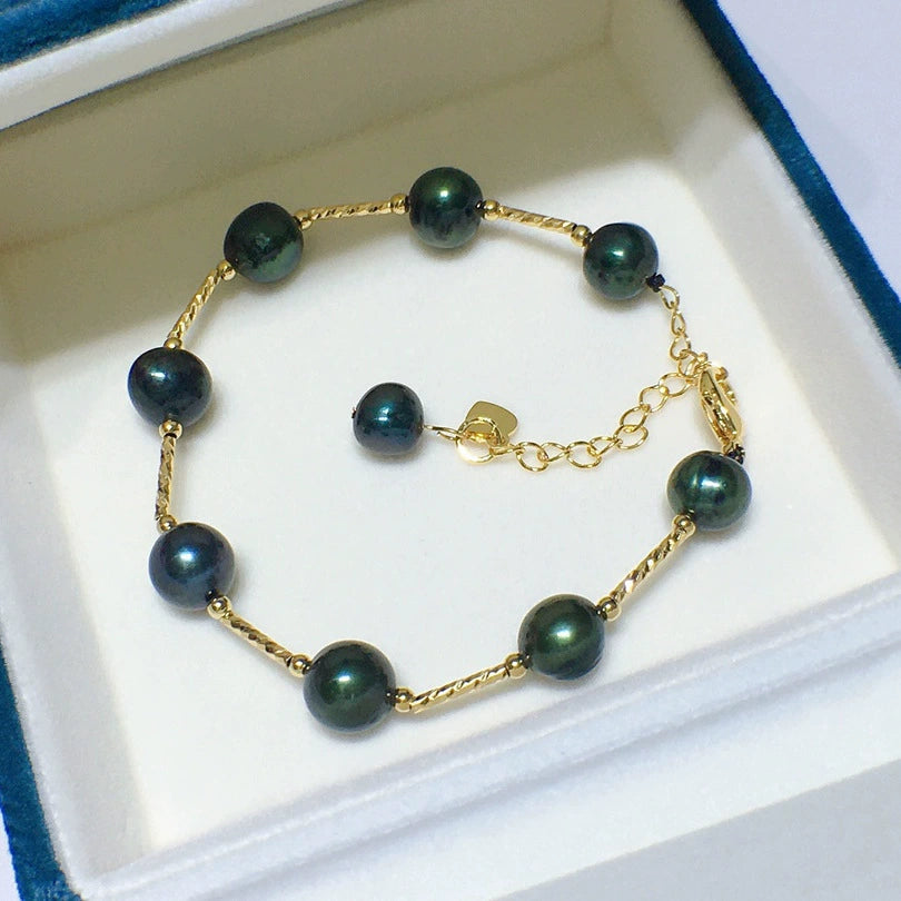 9-10MM Real Baroque Pearl Bracelet Black Green Pearl Bracelet 14K Gold Plated Clasp