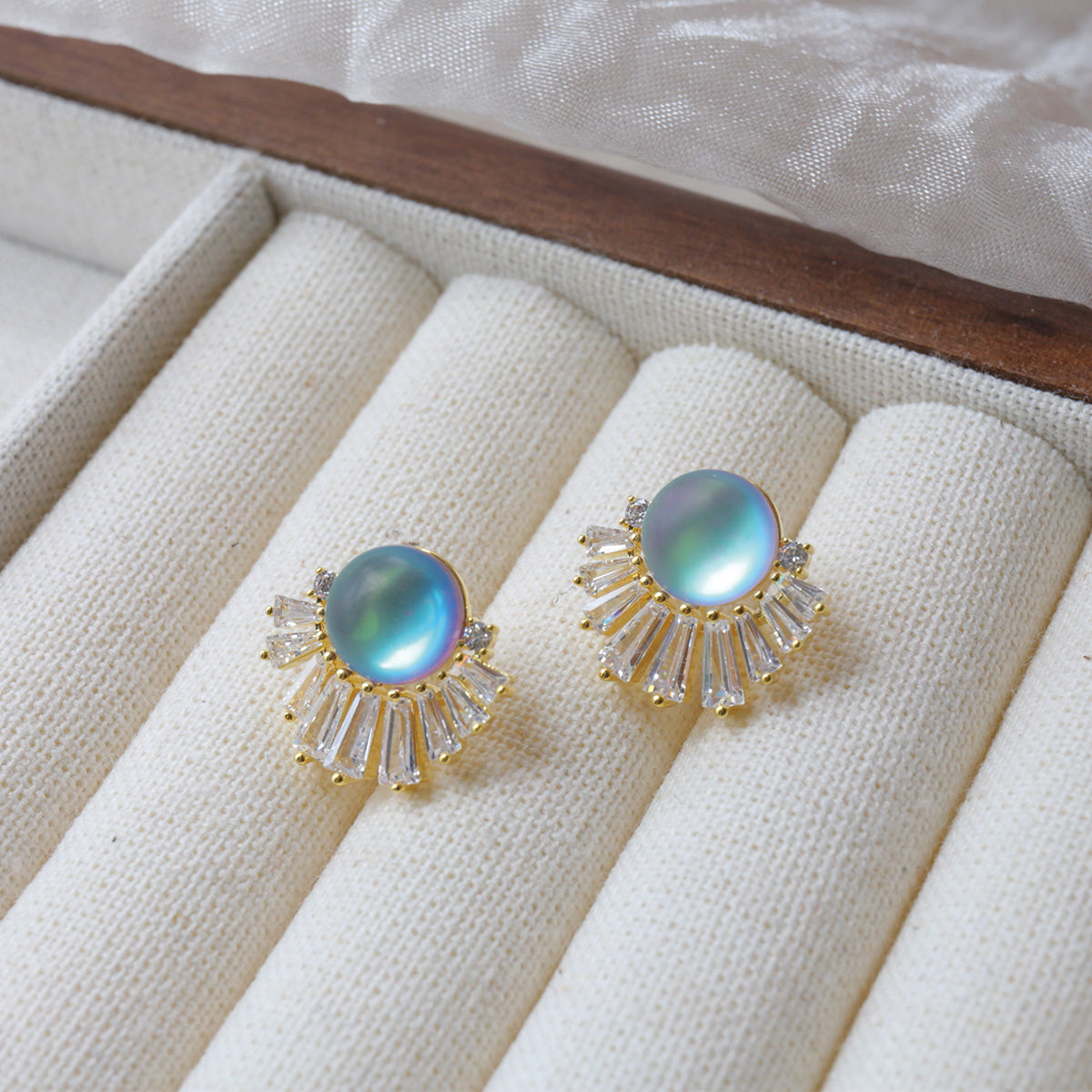 Blue-Green Moonstone Earring Clip with S925 Silver Pin Opal and Crystal Fan Shape Earring Studs
