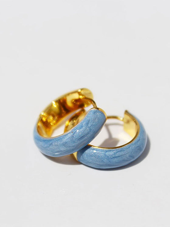 Pendientes de aro de esmalte azul Pendientes de aro anchos pequeños franceses chapados en oro con pasador de plata S925