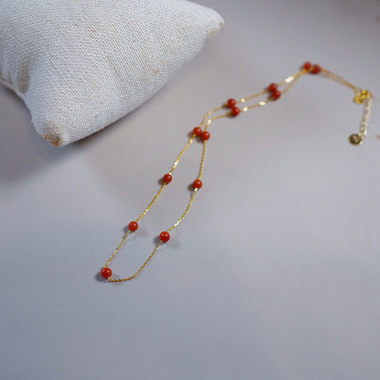 Red Stone Necklace Gold Chain Red Bead Agate stone Necklace